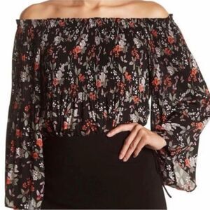 MAX STUDIO NWT Black Floral Off The Shoulder Pleated Top S